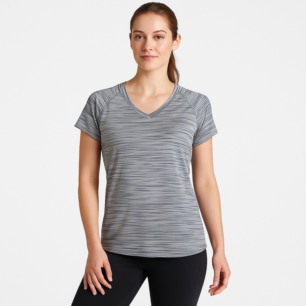 RBX TShirt Womens Size Medium Gray Pink Striped Athletic VNeck Short‎ Sleeve